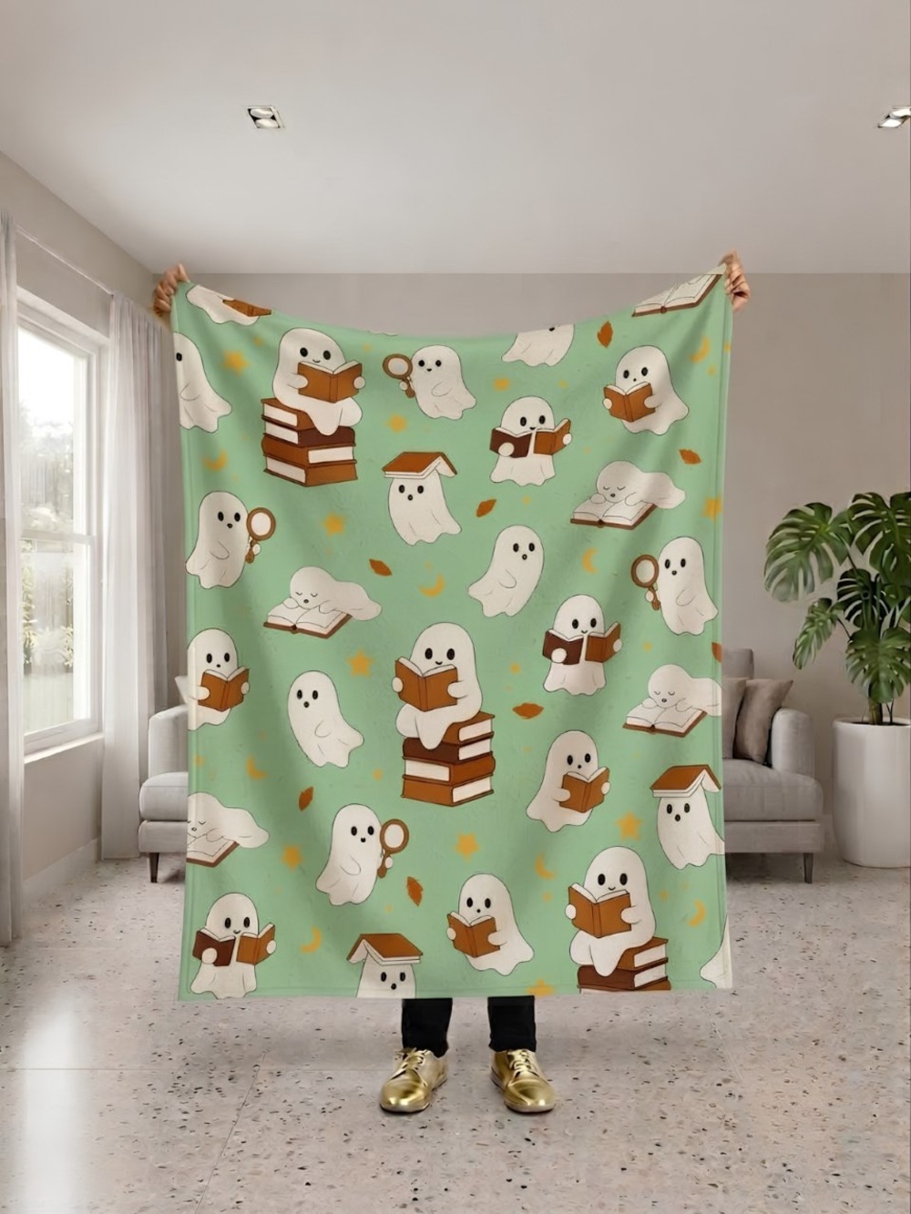 Cozy Ghosts Reading Throw Blanket - Green